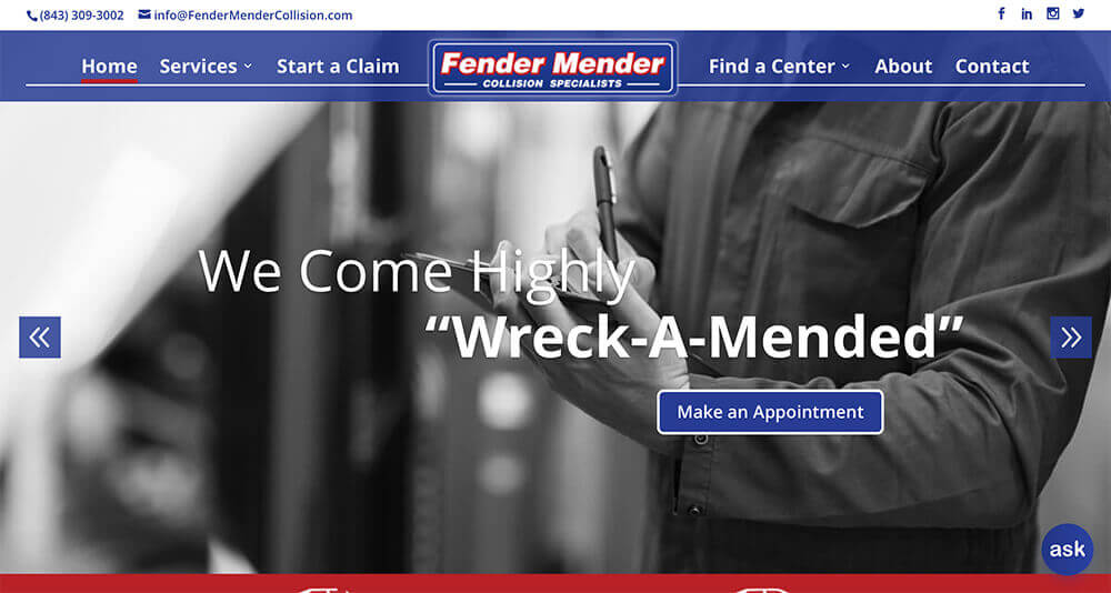 Screenshot of Fender Mender Collision home page